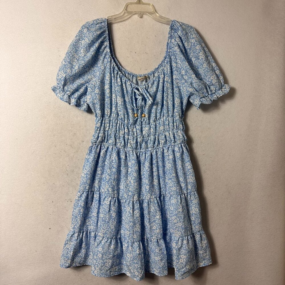 Dress sz XXL  Blue White Floral Milkmaid Babydoll Puff Sleeve Mini cottagecore‎